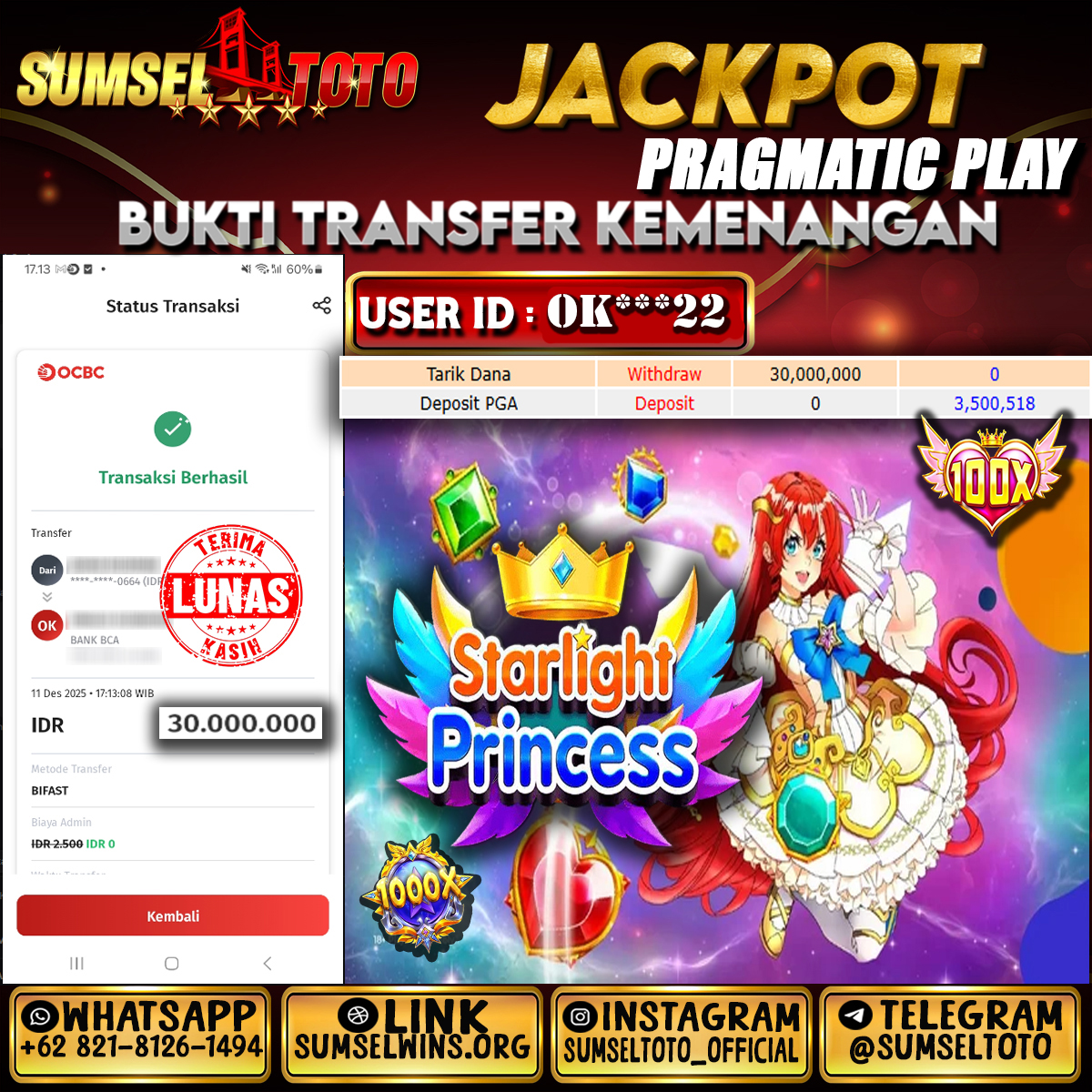 SUMSELTOTO JACKPOT SLOT STARLIGHT PRINCESS Rp.30,000,000.,- LUNAS